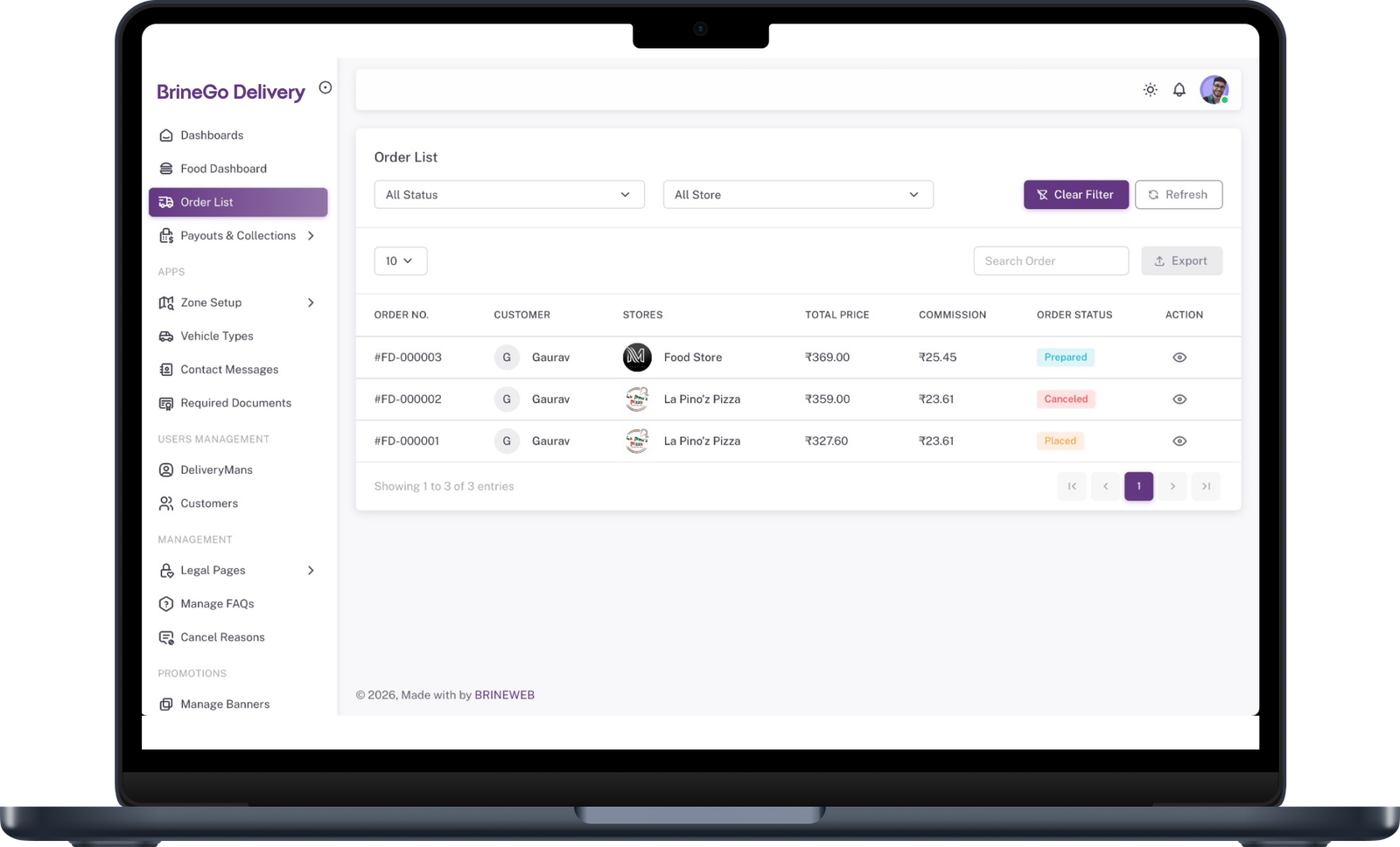 Grocery Admin Console Mockup